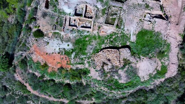 Aerial view of the surroundings of the wind farm and Iberian town of Coll del Moro in the municipality of Gandesa. Terra Alta. Tarragona. Catalonia. Spain. Europe