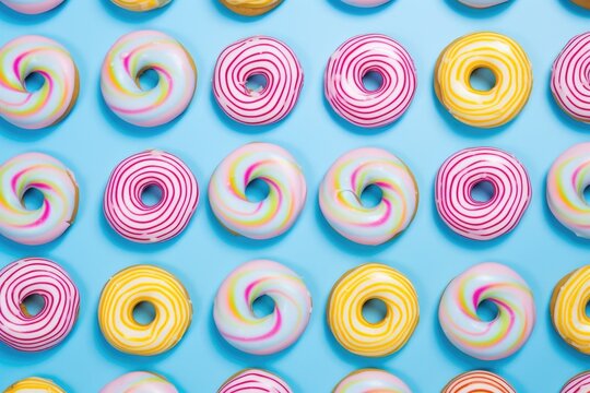 multicolored donut icing pattern on a pastel blue background