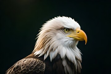 Fototapeta premium A closeup of a bald eagle looking straight into the camera, dark matte background. High quality photo.