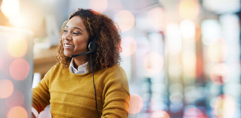 Business woman, call center and office communication, customer support or advice for website FAQ on...