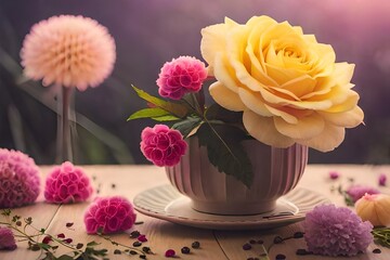 Floral matte background. Yellow roses and pink carnations with purple foliage.