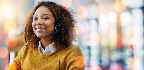 Call center, business woman and happy from web support conversation with crm and telemarketing work...