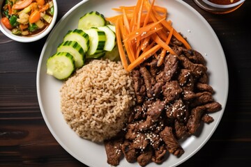 overhead shot of bulgogi beef, rice, and vegetables on a plate