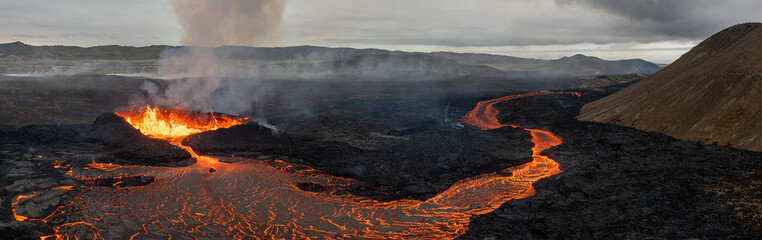 Beautiful aerial panoramatic view of active volcano, Litli - Hrutur, Iceland 2023