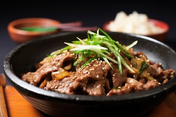 Fototapeta premium close-up of cooked bulgogi in a traditional korean bowl