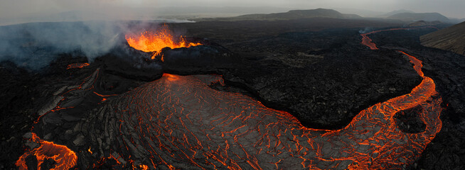 Beautiful aerial panoramatic view of active volcano, Litli - Hrutur, Iceland 2023 © Lukas Gojda
