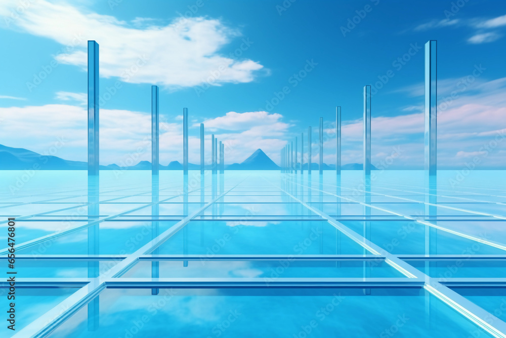 Poster abstract futuristic glass architecture with empty floor for presentation