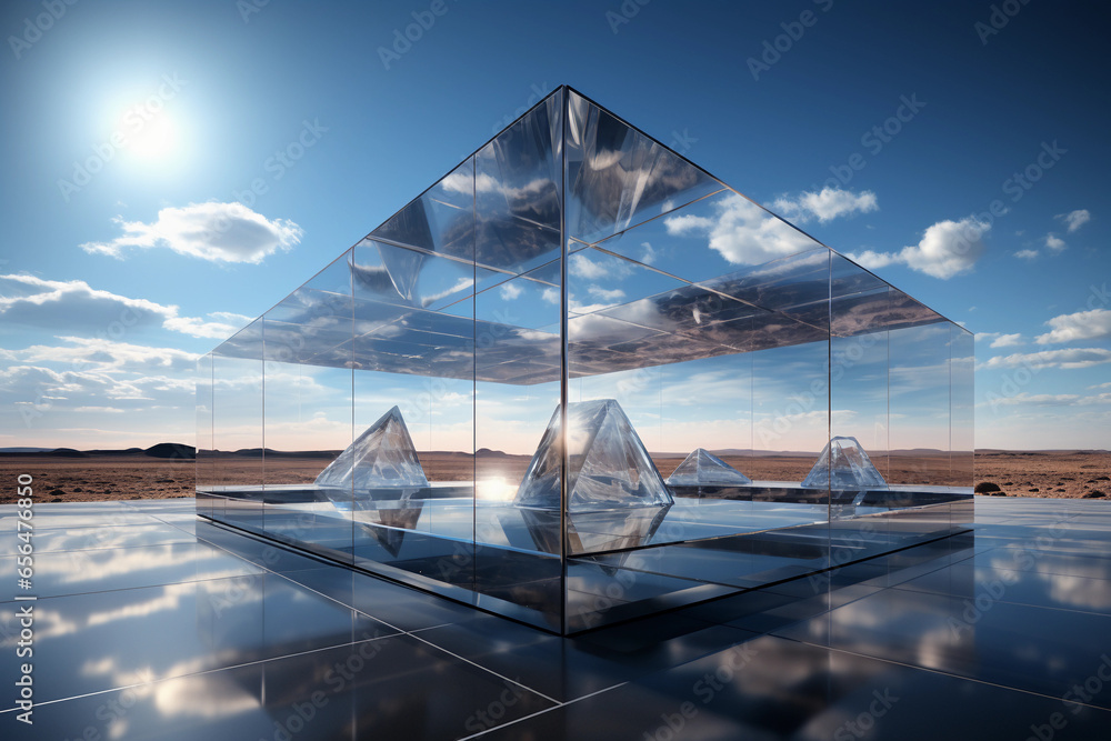 Poster abstract futuristic glass architecture with empty floor for presentation