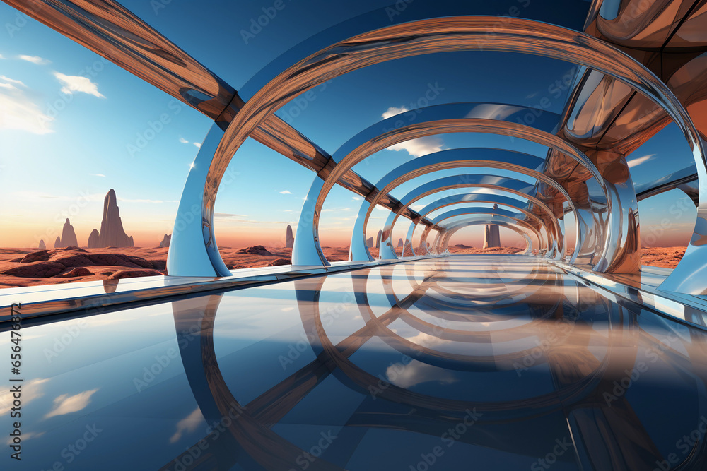 Poster abstract futuristic glass architecture with empty floor for presentation