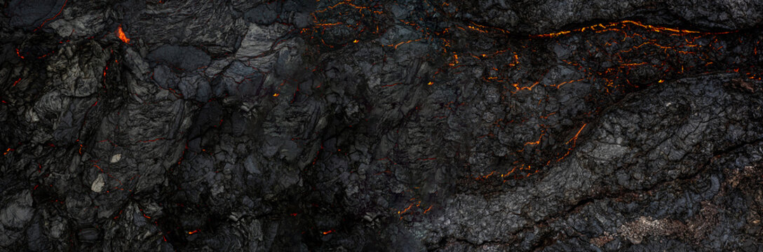 Aerial view of the texture of a solidifying lava field, close-up