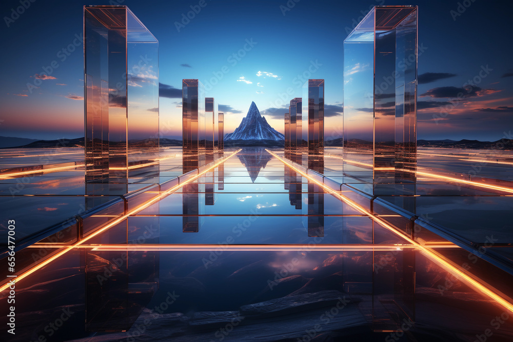 Poster abstract futuristic glass architecture with empty floor for presentation