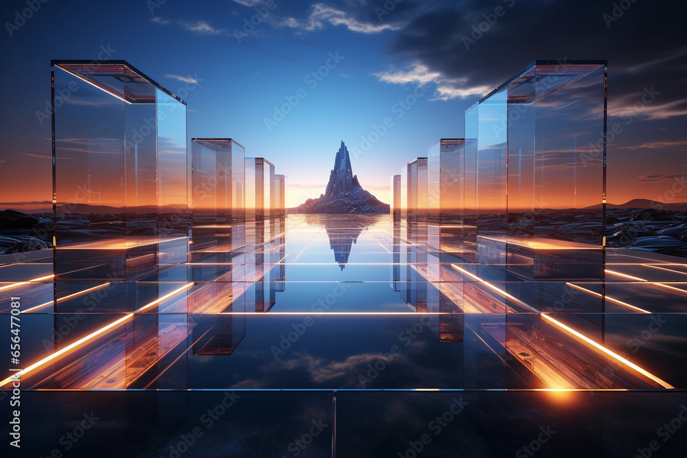 Poster abstract futuristic glass architecture with empty floor for presentation