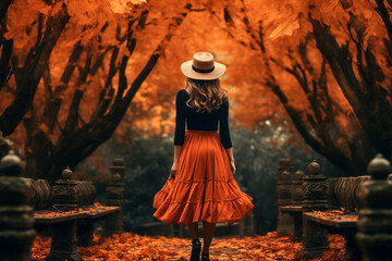 Autumn park and woman, with rich warm colors, focused on the orange themes and the traditional October marketing season