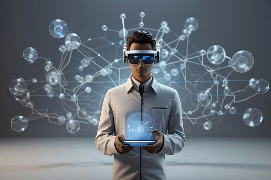 Businessman wearing virtual reality goggles with social network connection concept. 3D Rendering