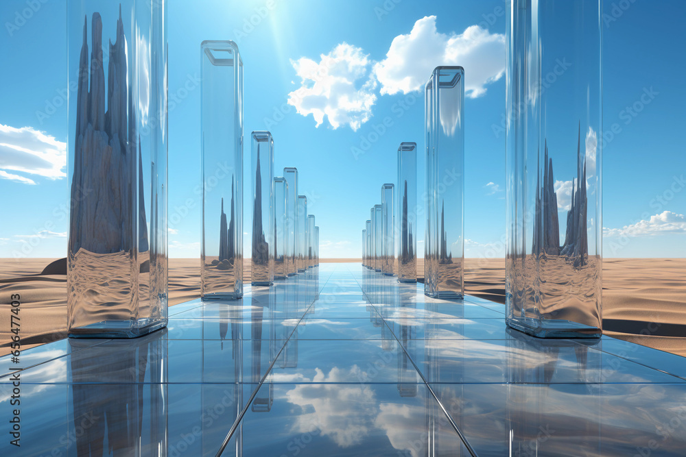 Poster abstract futuristic glass architecture with empty floor for presentation