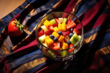 high angle view of leftover fruit salad in a glass bowl