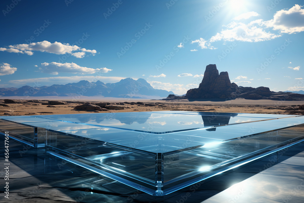 Poster abstract futuristic glass architecture with empty podium for presentation