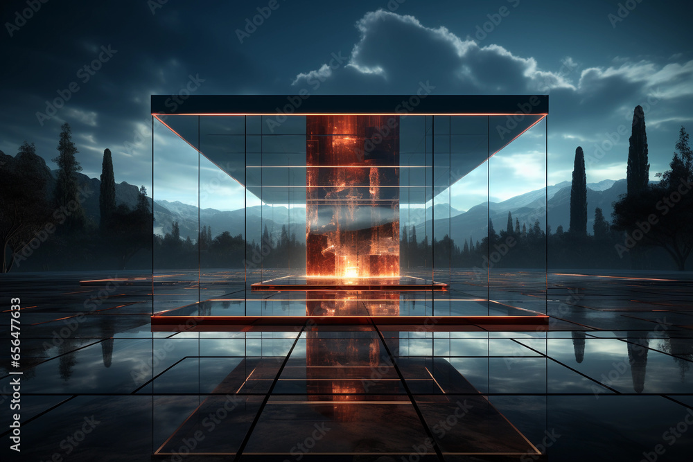 Poster abstract futuristic glass architecture with empty floor for presentation