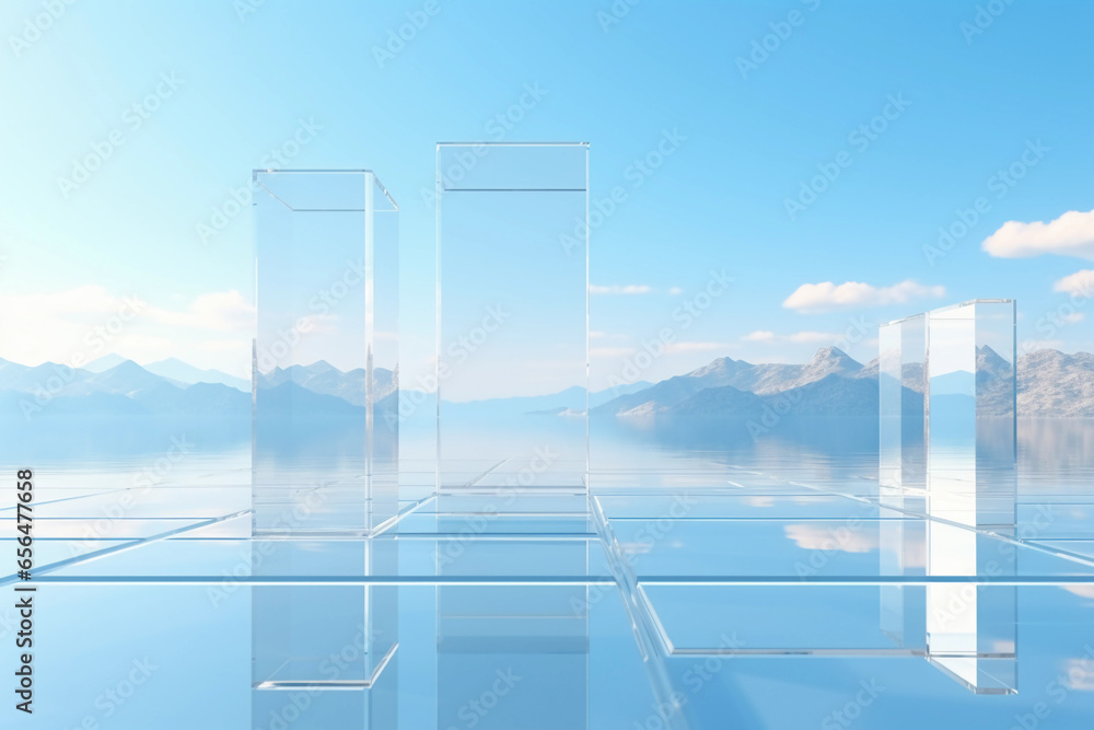 Poster abstract futuristic glass architecture with empty floor for presentation