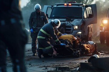 A group of emergency personnel working together to provide medical assistance to an injured person on a motorcycle. This image can be used to depict emergency response, healthcare, accident scenes, or - Powered by Adobe