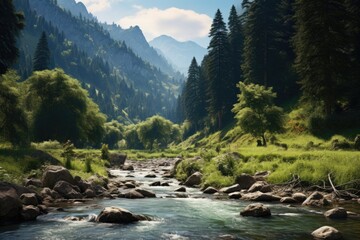 A scenic view of a river flowing through a vibrant and dense forest. Perfect for nature enthusiasts and outdoor lovers.