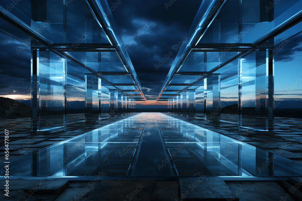 Poster abstract blue futuristic glass architecture with empty floor for presentation