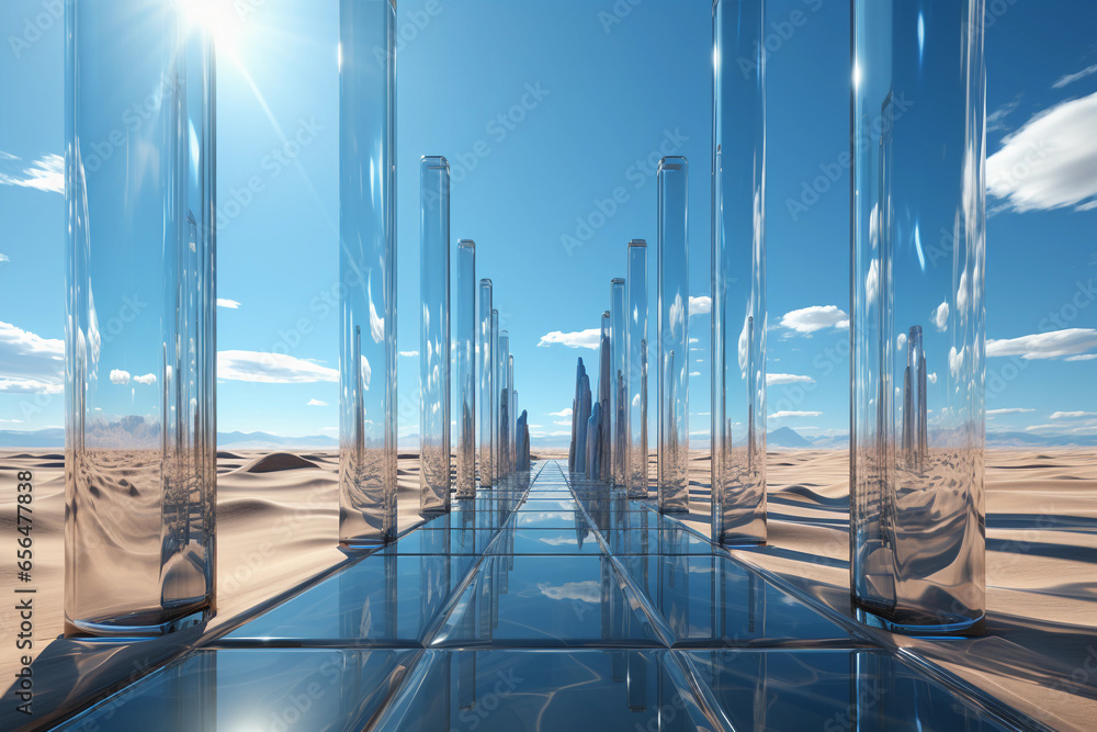 Poster abstract futuristic glass architecture with empty floor for presentation