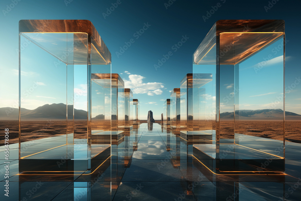 Poster abstract futuristic glass architecture with empty floor during sunset for presentation