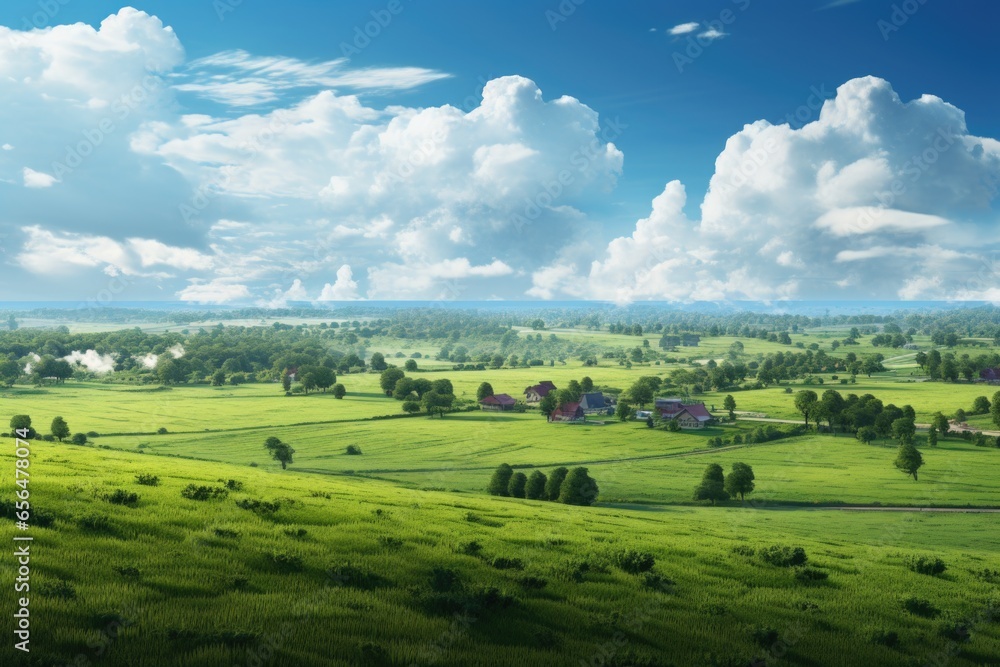 Poster a picturesque image of a house situated in a vast green field. suitable for various uses, such as re