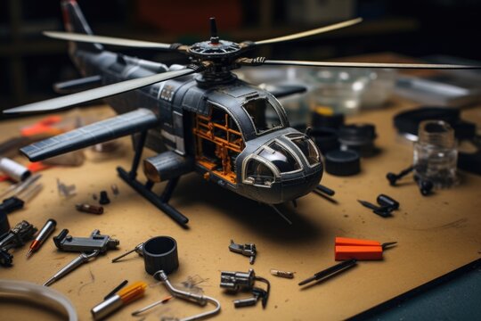 A model helicopter sitting on top of a table. This versatile image can be used for various purposes.