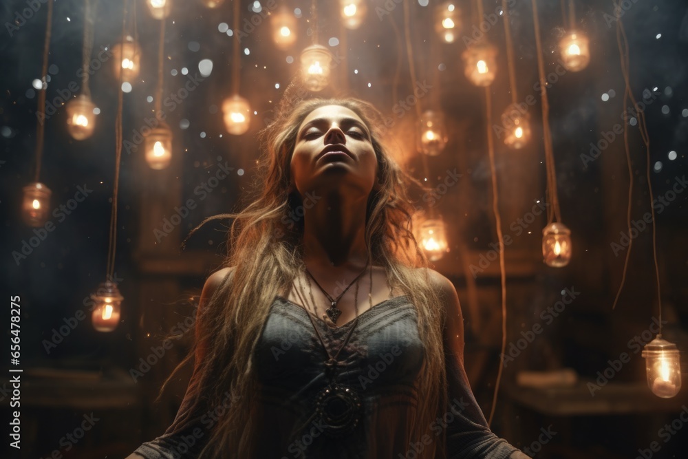 Poster A woman standing confidently in front of a group of bright light bulbs. This image can be used to represent creativity, innovation, or the concept of finding inspiration.