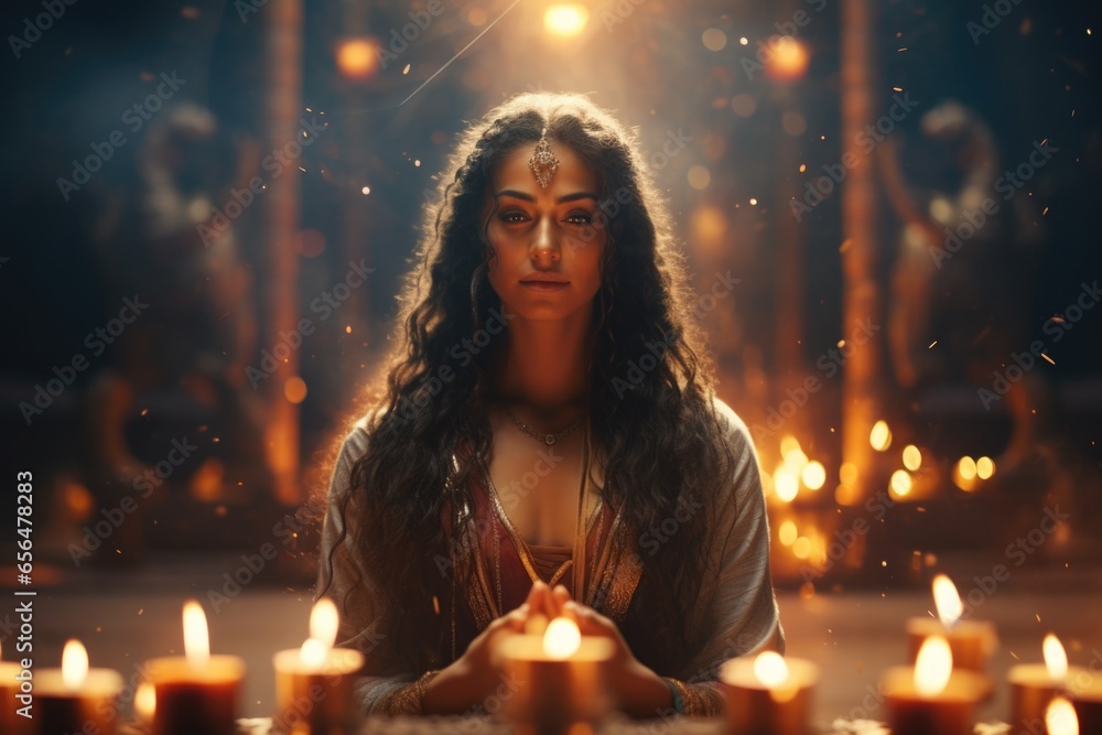 Aufkleber A woman is seated in front of a group of candles. This image can be used to create a peaceful and serene atmosphere.