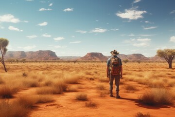 A man stands in the desert with a backpack. This image can be used to depict adventure, travel, exploration, or solitude in a barren landscape.