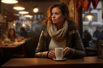 A woman is seated at a table, holding a cup of coffee. This image can be used to depict relaxation, morning routine, or a coffee break.
