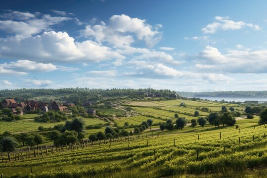 A picturesque view of a lush green field with houses in the distance. Perfect for depicting a peaceful countryside scene or showcasing the beauty of nature.