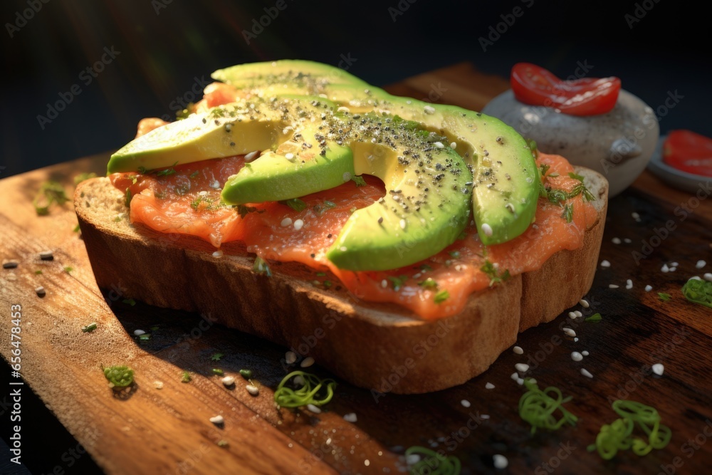 Poster a simple yet appetizing image featuring a wooden cutting board with a perfectly toasted slice of bre