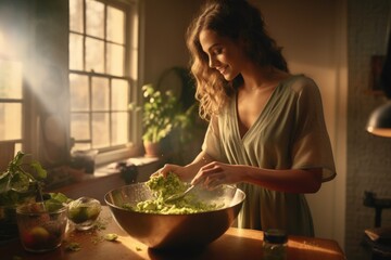 A woman is seen in a kitchen, busy preparing a salad. This image can be used to showcase healthy eating, cooking, and food preparation. - obrazy, fototapety, plakaty