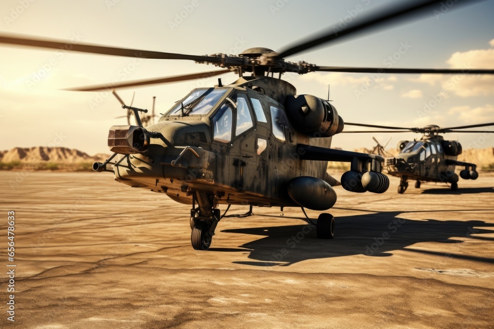 Aufkleber a picture of a couple of military helicopters sitting on top of a tarmac. this image can be used to 