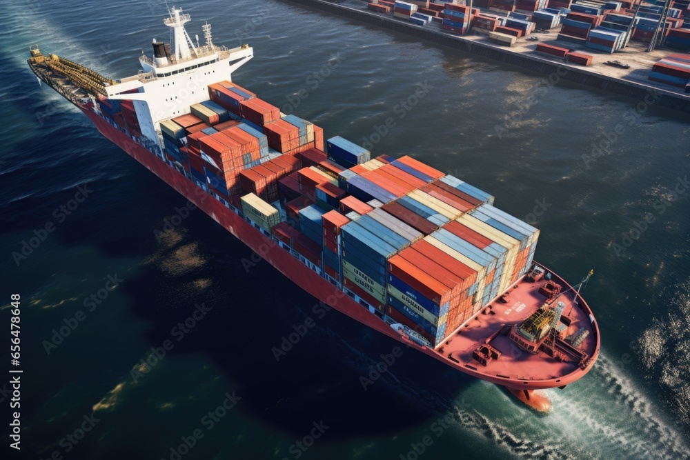 Poster a large container ship sailing in the middle of a vast body of water. perfect for illustrating globa