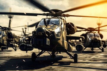 A military helicopter parked on a tarmac, ready for action. This image can be used to depict military operations, aviation, or transportation.