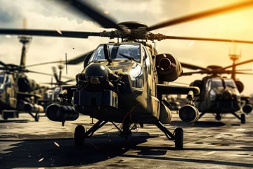 Poster A military helicopter parked on a tarmac, ready for action. This image can be used to depict military operations, aviation, or transportation. © Fotograf
