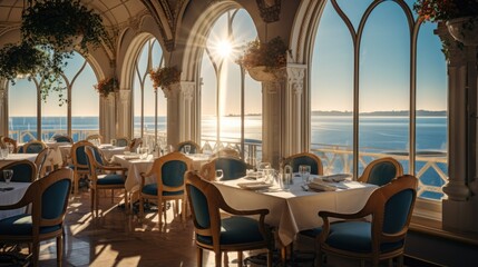Interior with blue chairs of a chic restaurant on the Mediterranean coast. The tables are elegantly set for receiving guests. - obrazy, fototapety, plakaty