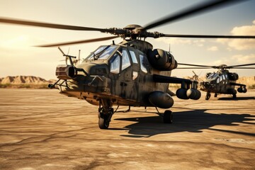 A picture of a couple of military helicopters sitting on top of a tarmac. This image can be used to depict military operations, air transportation, or aviation industry.