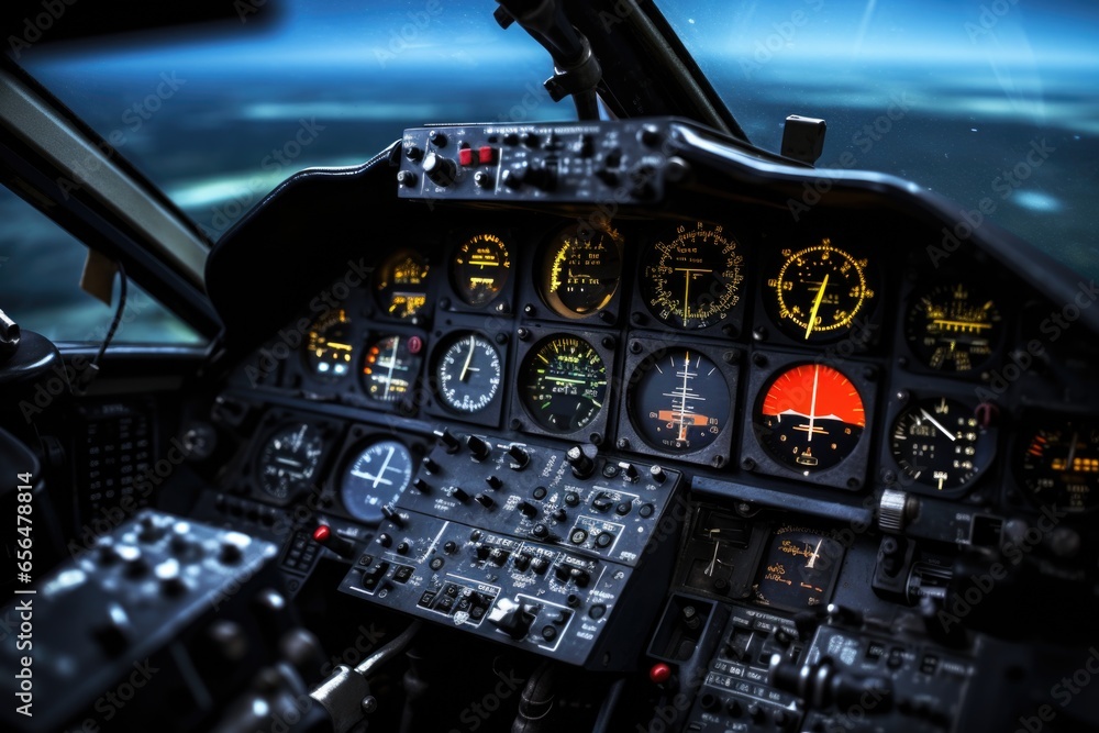 Poster A view of the cockpit of a plane at night. This image captures the illuminated instruments and controls in the cockpit. It can be used to depict the experience of flying at night or to illustrate avia