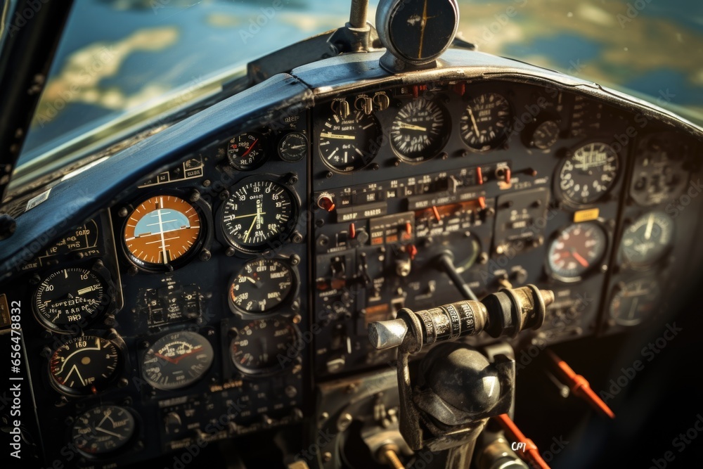 Poster A detailed view of the cockpit of a plane. This image can be used to showcase the technology and controls in a modern aircraft.