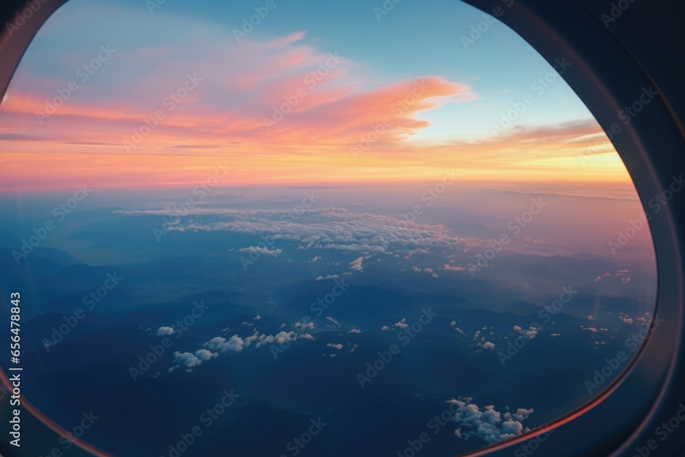 Poster a captivating view of the sky as seen from an airplane window. perfect for travel and aviation-relat