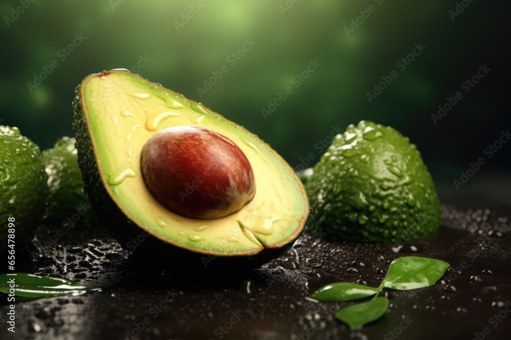 Aufkleber An image of an avocado that has been cut in half and is placed on a table. This picture can be used in various contexts, such as cooking, healthy eating, or food preparation.