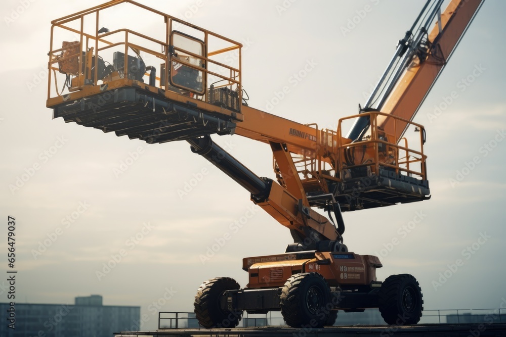 Poster A picture of a large crane sitting on top of a platform. This image can be used to depict construction, heavy machinery, or industrial themes.