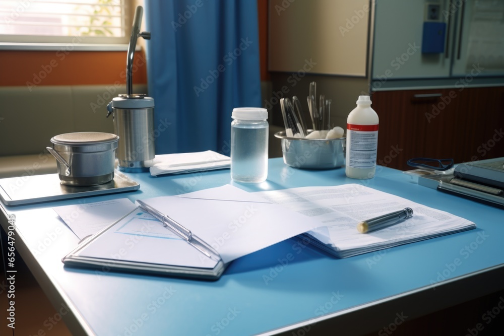 Aufkleber A desk with a notebook, pen, and various other items. This versatile image can be used in various contexts and settings.