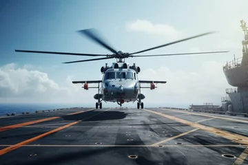 Poster A helicopter is sitting on top of a ship. This image can be used to depict transportation, maritime operations, or aerial support. © Fotograf